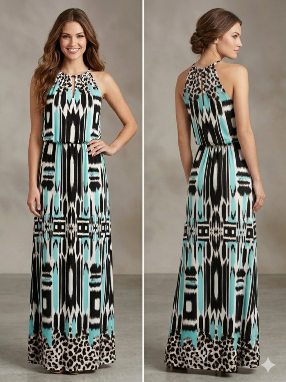 London Style Collection Geometric Ikat Leopard Print Maxi Dress Teal Black Sz 12 - Picture 11 of 11